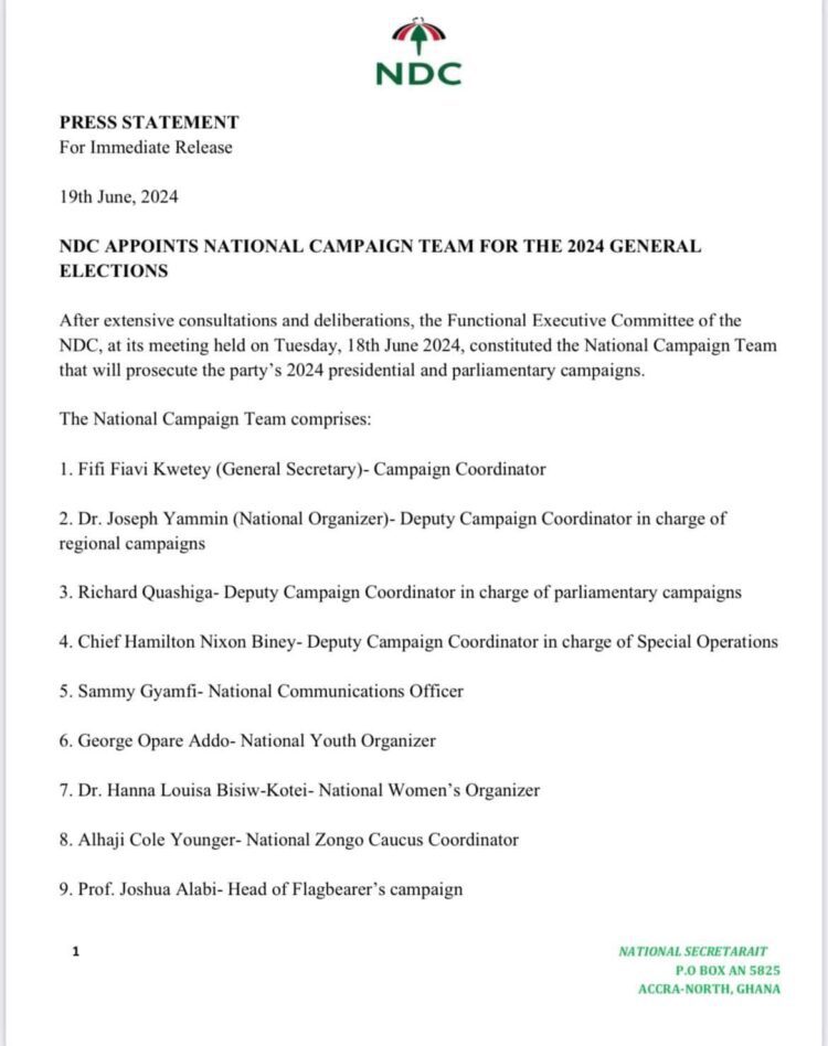 NDC unveils campaign team for 2024 General Elections