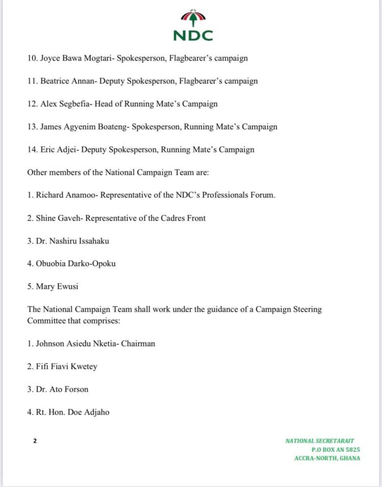 NDC unveils campaign team for 2024 General Elections